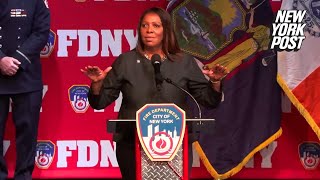 NY AG Letitia James met with chorus of boos ‘Trump’ chants during FDNY ceremony speech [upl. by Yreffej]