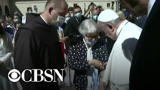 Pope Francis kisses tattoo on concentration camp survivors arm during Vatican visit [upl. by Tisdale287]