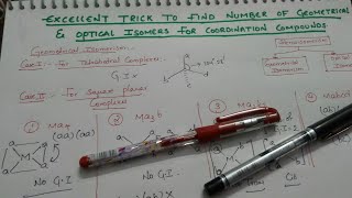 Trick to find number of Geometrical and Optical Isomers  Stereoisomerism  Coordination Compounds [upl. by Sinnal]