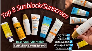 Top 8 SunblocksSunscreen For ALL SKIN TYPE How To Use SunblockSunscreen On Face [upl. by Hellman]