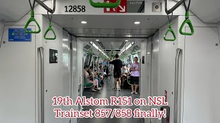 Finally 19th Alstom R151 on NSL • Trainset 857858 • NS13 Yishun to NS14 Khatib alongside bus 858 [upl. by Qiratla]