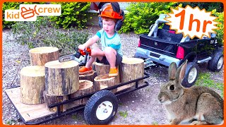 Farm work compilation with kids toy truck tractor chainsaw ATV ride on tools  Educational [upl. by Applegate]