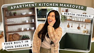 RENTAL KITCHEN MAKEOVER TRANSITIONAL STYLE  DIY OPEN SHELF W HANGING RAIL [upl. by Yodlem171]