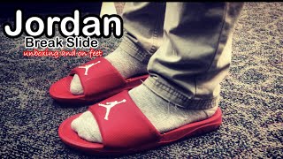 Jordan Break Slide Red  Unboxing and On Feet  Azo Edition [upl. by Aivatra]