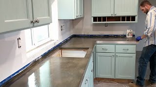 Concrete Countertops Start to Finish  Quikrete Mix Stone Polish Metal Trim 46 DIY OffGrid Build [upl. by Yoo20]