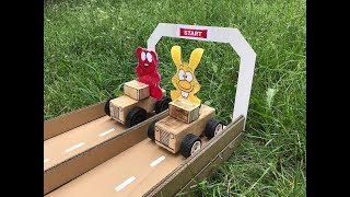 Cardboard game DIY Hot Wheels Race Truck Желейный медведь Валера против зайца Харитона [upl. by Spark527]