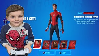 TRUMAnn Giving My 8 Year Old Kid NEW SPIDERMAN No Way Home Unlocking Marvel Fortnite Skin Bundle [upl. by Mcgill313]