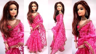 Gorgeous Barbie PINK NET SAREE Making Beautiful Party Wear doll Dress Stylish barbie saree draping [upl. by Gnoix171]