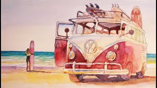 How to Draw a VW Camper Van KOMBI Watercolor KOMBI camping beach [upl. by Damaris372]