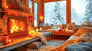 Cozy Winter Log Cabin Ambience with Relaxing Jazz Music and Warm Fireplace [upl. by Nodnerb]