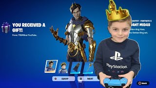 Gifting My 10 Year Old Kid NEW Fortnite GOLDEN KING Skin Bundle Unlocking Ascendant Midas Skin [upl. by Perot]