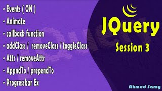 JQuery Sess3EventsONAnimateaddremovetoggleClass AttrAppndToprependToProgressbar [upl. by Bahr]