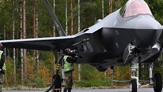 Royal Norwegian Air Force F35 lands at Finland Tervo road base for hotrefueling Baana23 exercise [upl. by Nayr]