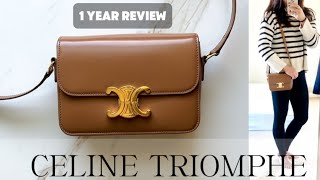 CELINE TRIOMPHE BAG  1 year review  still WORTH IT Wear and tear  what fits celine handbags [upl. by Yehudi]