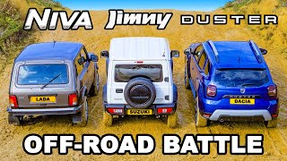 LADA Niva v Suzuki Jimny Dacia Duster OFFROAD RACE amp BATTLE [upl. by Betty]