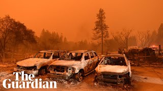 Wildfires rage in California a massive wall of fire [upl. by Hahseram537]