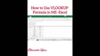 😦😦How To Use VLOOKUP Formula in MSExcel MicroSoft🍀 no copyrights 🍀BharathUjire 🍀Shorts💥💥 [upl. by Soigroeg]