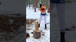 Your average dreamsicle 😏🍊 woodchopping axe outdoors logsplitter snow girlpower satisfying [upl. by Ver]