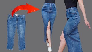 How easily to transform old jeans into a fashionable skirt  a sewing tip [upl. by Naneek]