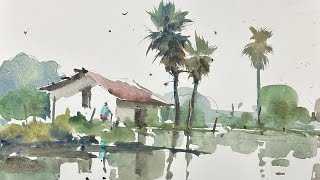 How to do watercolour village landscape in easy way জলরং এ village scape [upl. by Ayrotal751]