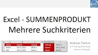 Excel  434  Wert über zwei Suchkriterien finden  SUMMENPRODUKT [upl. by Dnalro825]