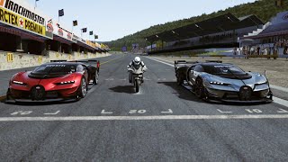 Kawasaki Ninja H2R Supercharged vs Bugatti Vision GT Sports at Old Spa [upl. by Phylys]