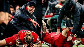 Tsimikas injured after collision with Jurgen Klopp  Liverpool vs Arsenal [upl. by Shem]