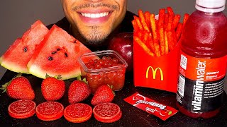 ASMR RED FOODS EDIBLE WATER BOTTLE EATING MCDONALDS FRIES HOT CHEETOS OREOS FRUITS ORBEEZ MUKBANG [upl. by Debee190]