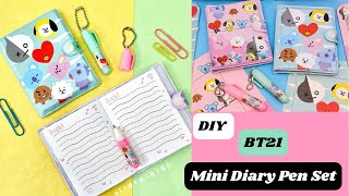 DIY BT21 Mini Diary Pen Set  How to Make Cute BT21 BTS Mini Notebook  School SuppliesPaper Craft [upl. by Marchelle]