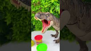 T Rex Knocks Down Play Doh Pyramid dinosaurs [upl. by Kenon574]