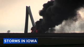 Wind turbine topples catches fire in Iowa amid severe weather [upl. by Garnette]