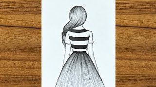 Easy girl backside drawing  How to draw a girl with beautiful dress  Girl drawing for beginners [upl. by Yekcir]