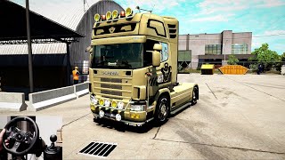 ETS2 Scania 164L V8 open pipe sound by M Yildiz Italy TarantoCatanzaro Steering Wheel amp Shifter v8 [upl. by Ahtnama]