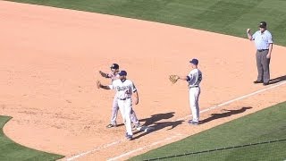 Dodgers turn a triple play on a bunt in front of the plate [upl. by Esiom637]