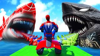 Superheroes on a motorcycle ride over the sea along the SpiderMan Bridge GTA 5 [upl. by Alyose]