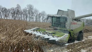 A Claas lexion 580 terra track combine and a John Deere 8370 tractor harvest corn in winter [upl. by Akemak330]