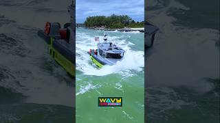 Miami fire boat in huge waves at Haulover Inlet  Wavy Boats [upl. by Notsreik]