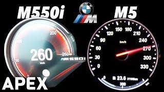 2017 BMW M550i G30 vs M5 F10  Acceleration Sound 0100 0200 kmh  APEX [upl. by Malkah]