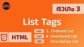 3 HTML List Tags  Code Malayalam  ol  ul  dl  li  dt  dd [upl. by Akcirehs]