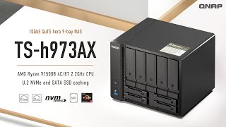 TSh973AX 10GbE QuTS hero 9bay NASAMD Ryzen V1500B 4C8T 22GHz CPU U2 NVMe and SATA SSD caching [upl. by Christoph]