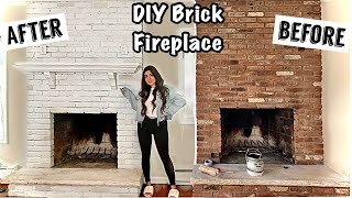 HOW TO PAINT BRICK WHITE before and after DIY Brick FirePlace  GINA MARIE [upl. by Ellocin]