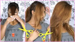 How To Cut Your Hair at Home Side Swept Bangs Hair Cutting Tutorial [upl. by Kobi577]