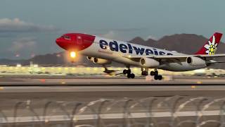 Edelweiss Air Airbus A340313 lands at Las Vegas  HBJMC [upl. by Ernesto336]