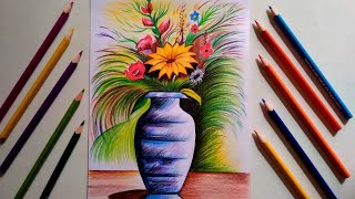 Flower vase drawing with pencil colour step by step  for beginners [upl. by Riehl]