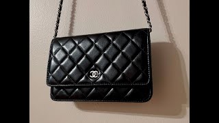 Chanel Wallet on Chain WOC  Lambskin amp Silver Tone 4K [upl. by Aihsenek]