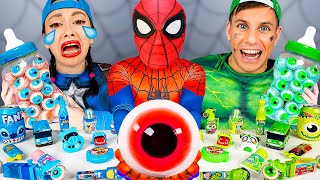 Blue Food VS Green Food Challenge 그린 블루 푸드 챌린지 ASMR MUKBANG for Superheroes by HUBABANG [upl. by Lyret]