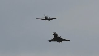 RAF Spitfire amp Eurofighter Typhoon flypast RIAT Saturday 12 July 2014 Air Show [upl. by Jaella]