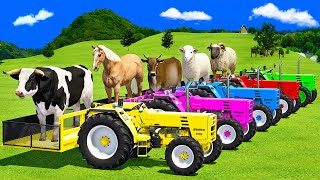 BULLS vs HORSES vs COWS vs SHEEP vs RAMS BATTLE WITH BUHRER COLORED TRACTORS  FS22 [upl. by Leahcimauhsoj]