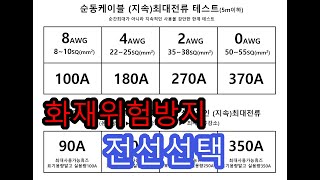 화재의 원인4 순동선 전선 굵기별 최대허용전류 테스트발열 테스트 0AWG 2AWG 4AWG 8AWG  허용전류가 생각보다 낮은데 [upl. by Gnil87]