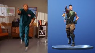 Fortnite Default Dances Synced with Poison Dance from Scrubs Dance Moves Origin [upl. by Nylirak]